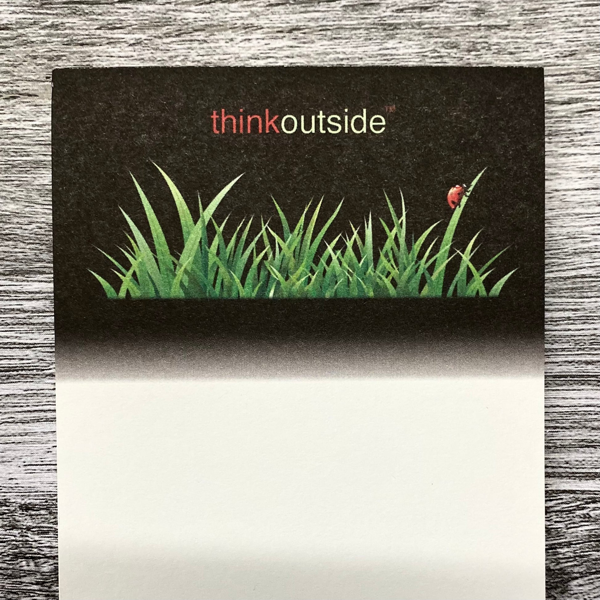 A notepad of 50 sheets of paper featuring a drawing of blades of grass with a ladybug.  It also includes the phrase Think Outside