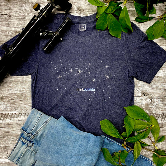 A night sky with the Big Dipper on a super soft heather midnight navy graphic tee for outdoor lovers. Features the phrase Think Outside.