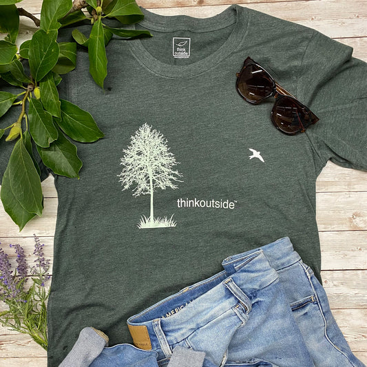 Super soft, heather forest green arboretum and gardening  graphic unisex tee with tree silhouette for nature lovers.  Features the phrase Think Outside.