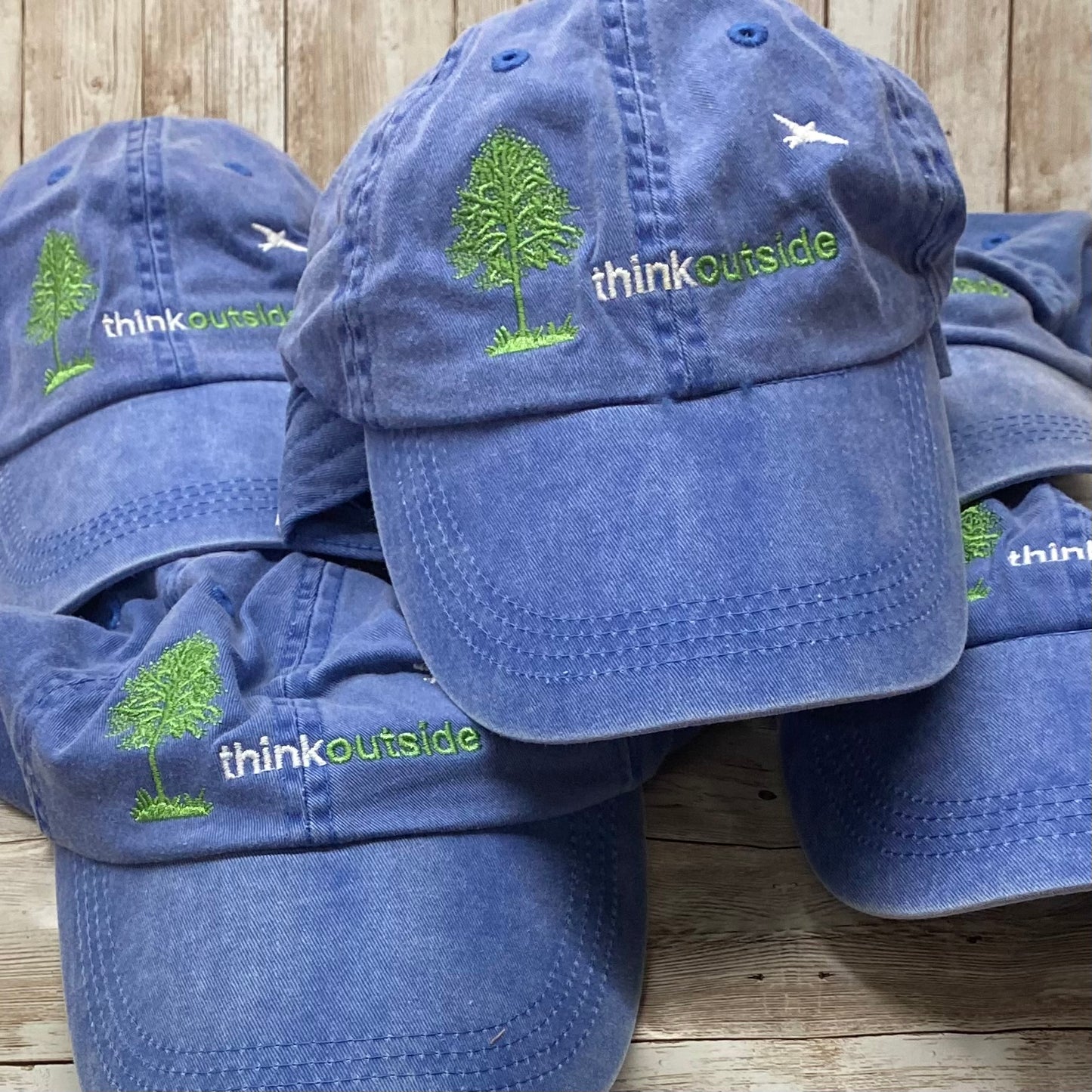 Periwinkle blue garment washed low profile men's and women's cap with the embroidered silhouette of a tree and bird and the words Think Outside.
